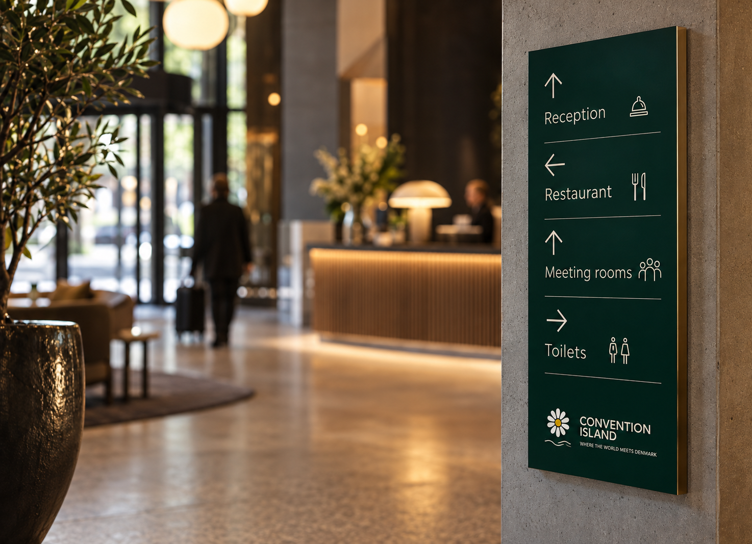 AI-genereret billede af wayfinding med Convention Island logo og grafik