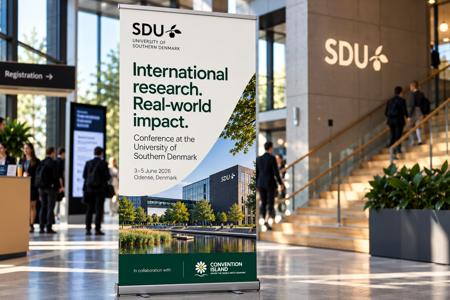 AI-genereret billede af roll-up på SDU med Convention Island logo og grafik