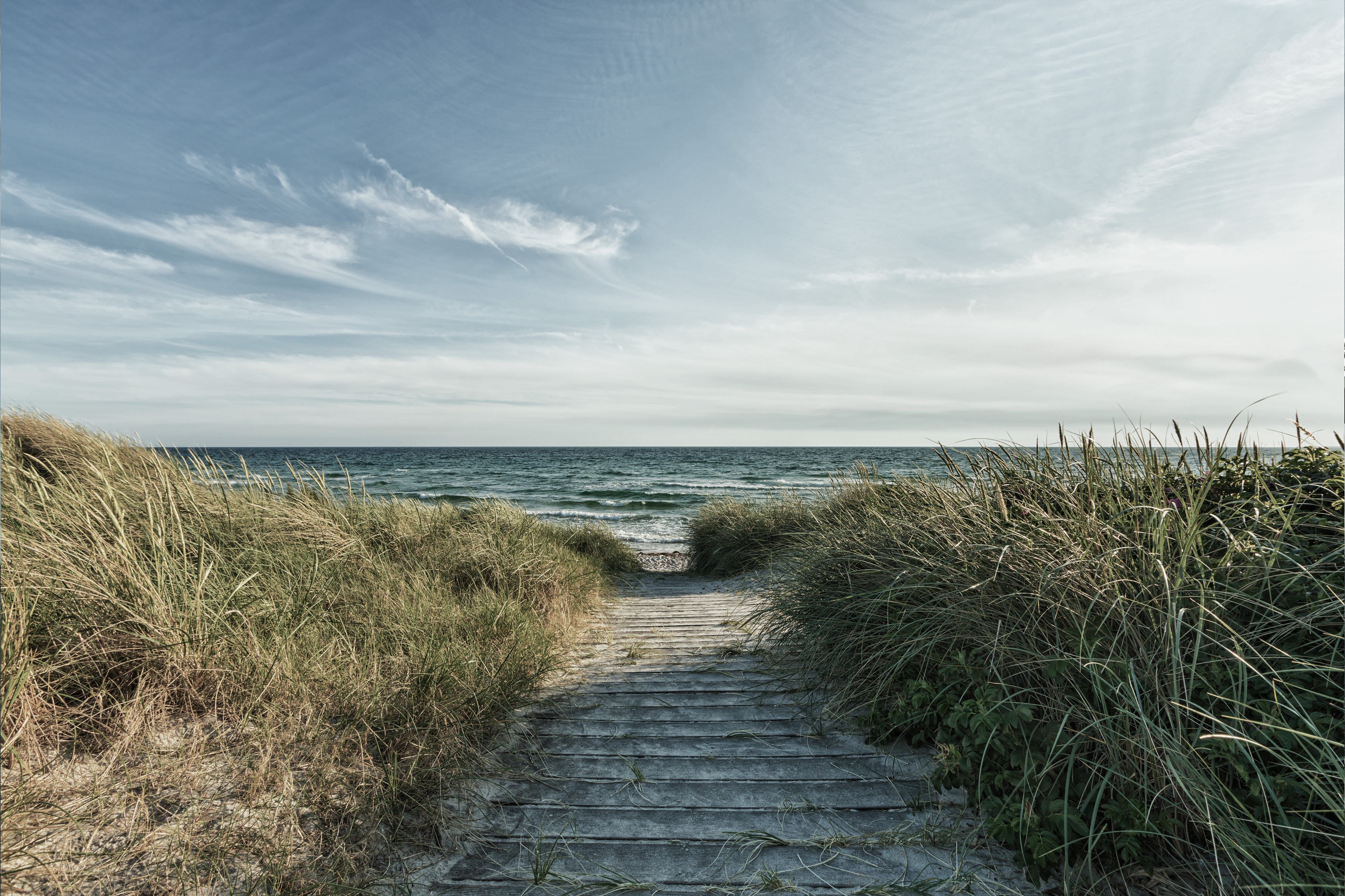 Sti med marehalm til begge sider fører ned til strand med bølgende hav og blå himmel
