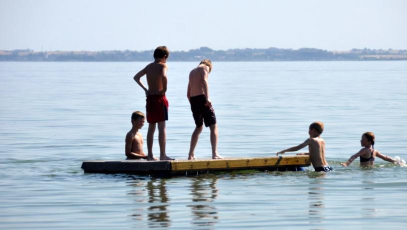 5 børn er på og omkring en floatee i vandet.