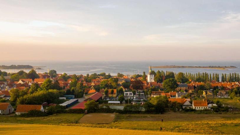 Landskabsbillede af Ærøskøbing med blå himmel og gul rapsmark.