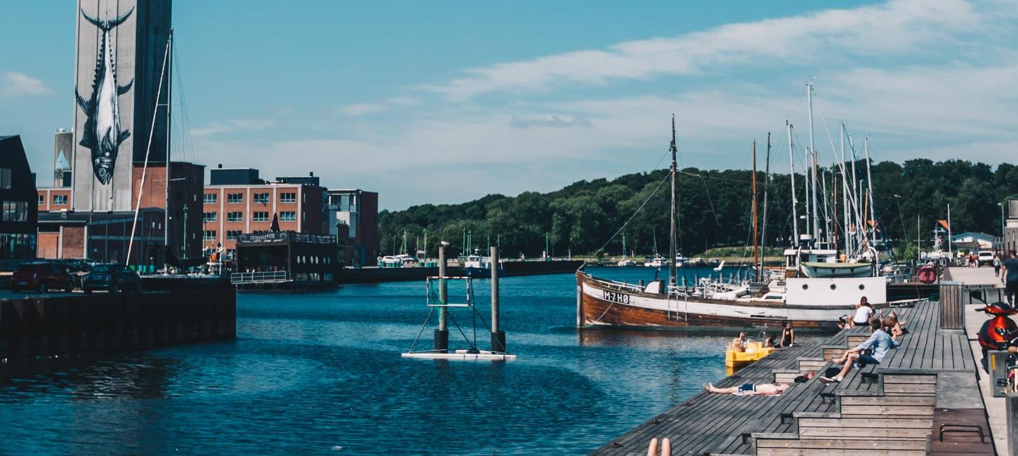 Mennesker soler sig på træplatformen ud til vandet ved Odense havn. Der er blå himmel og lidt skyer. 