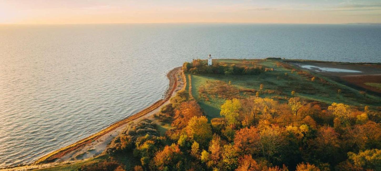 Et dronebillede fra en efterårsdag. Billedet er af en kyststrækning. I venstre side glider havet og himlen sammen i horisonten. Til højre ses en skov ovenfra, og spidsen af land. På spidsen kan man se et lille hvidt fyrtårn. 