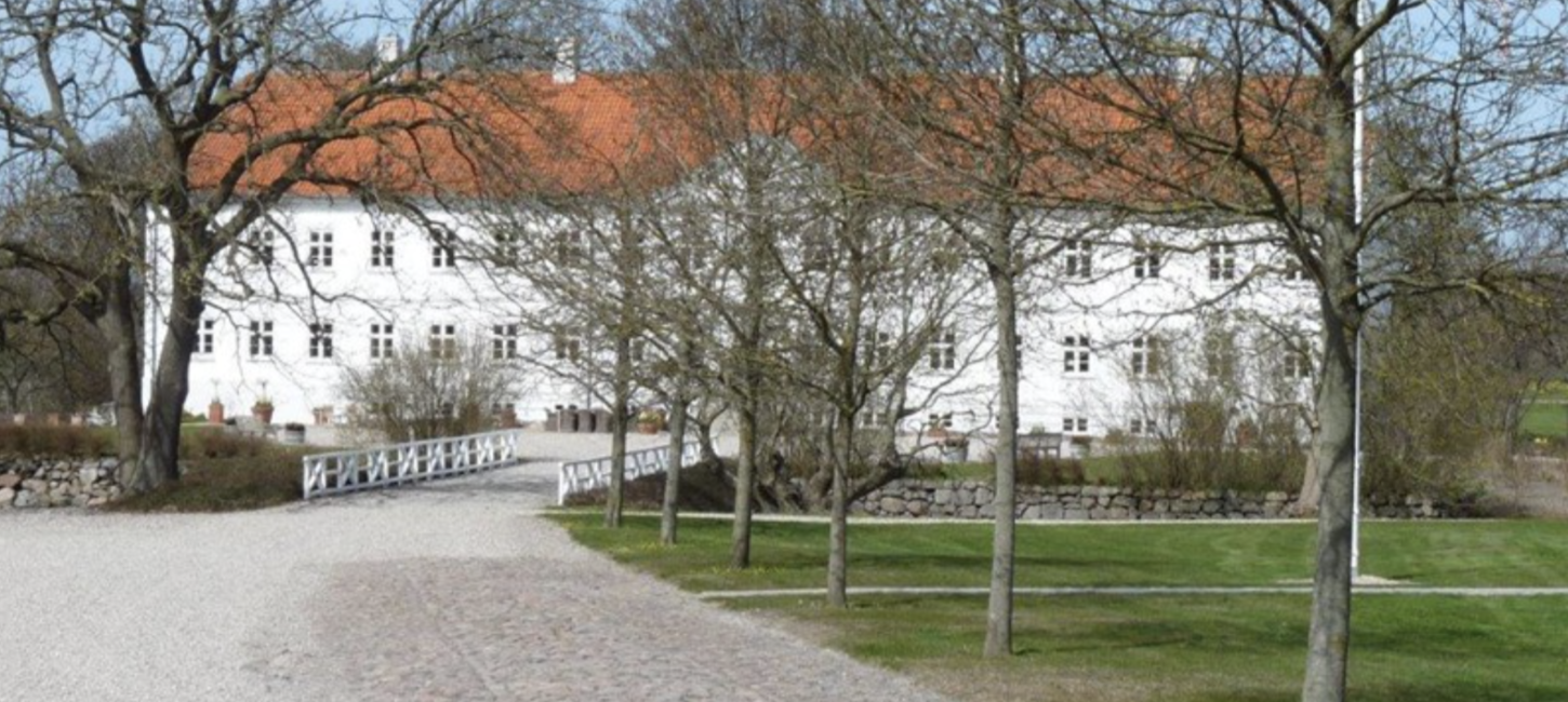 Stor hvid herregård med rødt tag og en grusvej omkranset af træer, der fører op til gården.