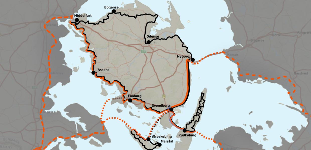 Kort over Fyn og Øhavet med Østersøruten og Bike Island-ruten