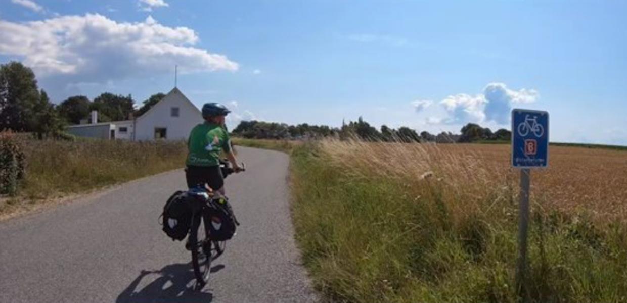 Cyklist på en fynsk landevej ved siden af en havremark.