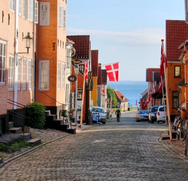 Brostentbelagtgade i Ærøskøbing om sommeren med havkig. Stokroser i forgrunden og farverige huse.