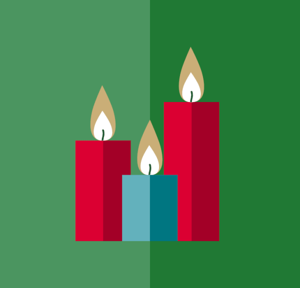 Grafik af tre brændende stearinlys. De er i hver deres størrelse  det højeste til venstre, og det mindste i midten. Baggrunden er grøn, men på midten skifter farven til en mørkere grøn.