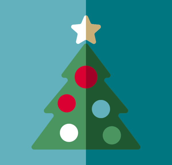 Grafik: Baggrunden er blå. Venstre halvdel lys og højre side mørk. I midten er en tegning af et juletræ med farvede julekugler og julestjerne.