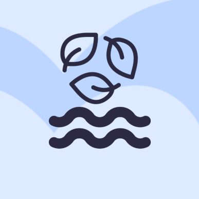 Grafik med ikonet af blade og bølger. Baggrunden er blå og man kan se Destination Fyns logo.