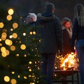 Et par mennesker omkring ild i et bålfad i mørket. Lyskæde på træ i forgrunden.