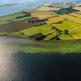 Strynø set fra oven i drone-shot med marker i forskellige grønne nuancer. 