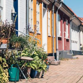 Billedet viser venstre side af en gade. Langs gaden er et rødt brostensfortov og en masse små farvede huse. Ved det forreste hus står der en masse planter i små krukker og på små borde.