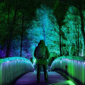 Midt på en bro står en mand i vintertøj. På hver side af ham er gelænderet på broen oplyst af blå og grønne lamper. I baggrunden ses halvoplyste træer.