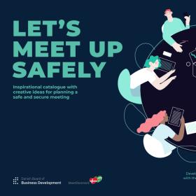Garfik: Til venstre står der med grønt "Lets meet up safely". Til højre er en tegning af seks mennesker om et rundt bord. De sidder og snakker, skriver og tegner. 