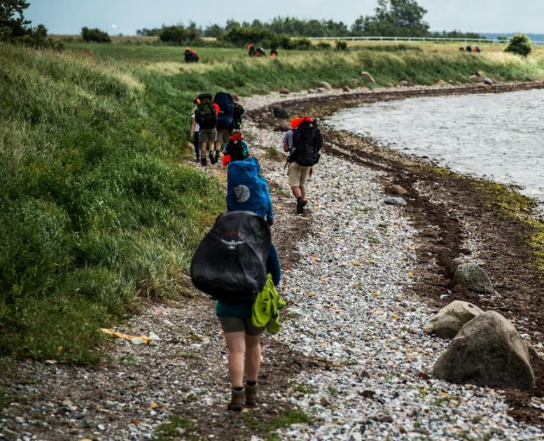 Fire vandrere med oppakning og sommertøj på en stenstrand ned til havet. 