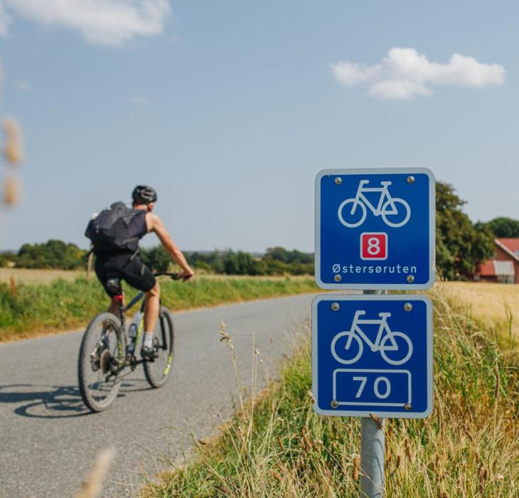 Blåt skilt med hvid cykel og et 8-tal på. Markeringen af Østersøruten. I baggrunder en cyklist og gule marker.